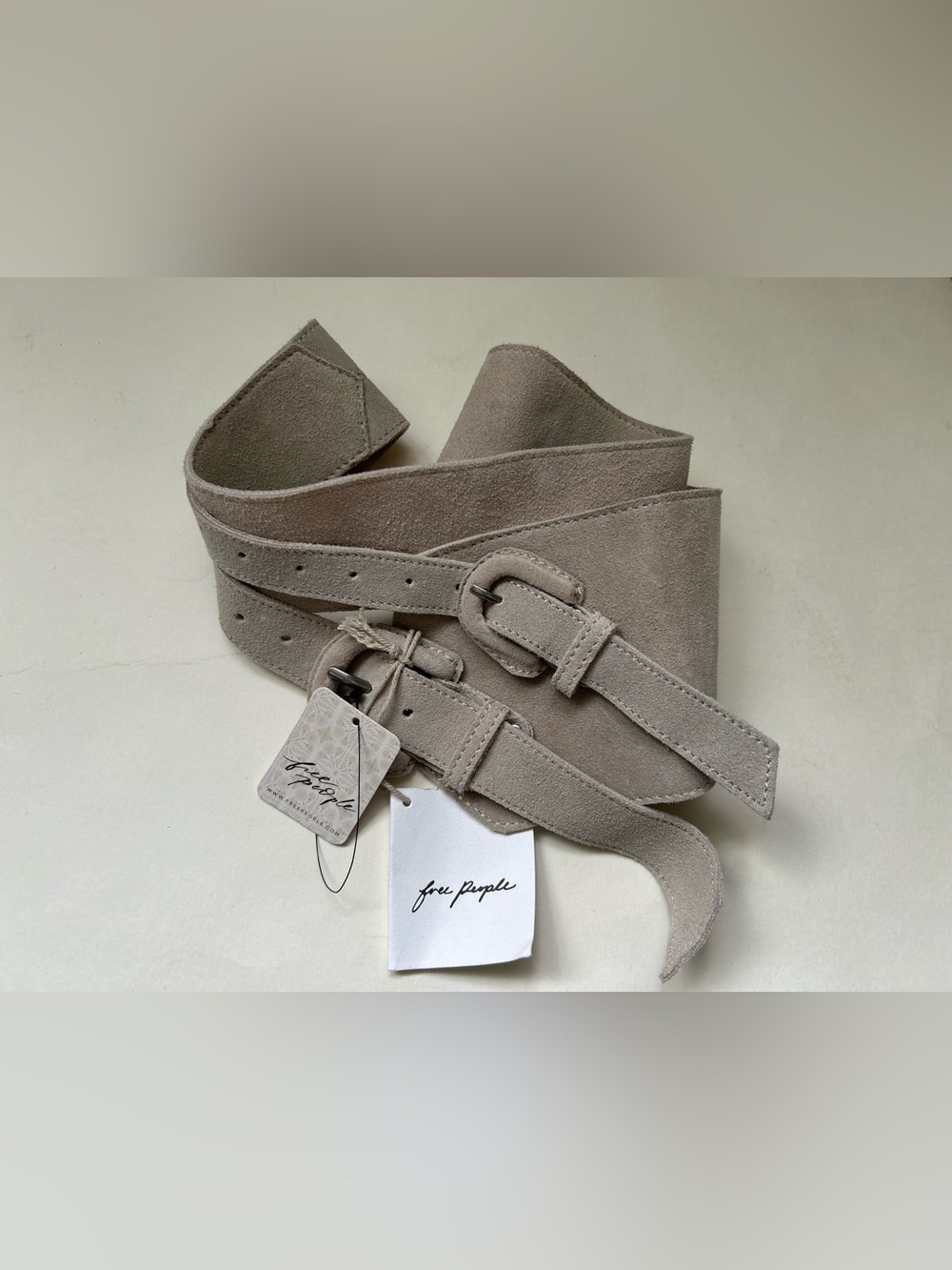 Free People NWT Leather Suede Linen Neutral Hip Double buckle Belt size M/L - Picture 5 of 6